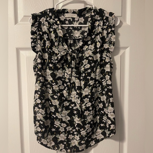 Jon & Anna Tops - Jon & Anna Black Floral Tie-Neck Ruffle Sleeve Tank Top